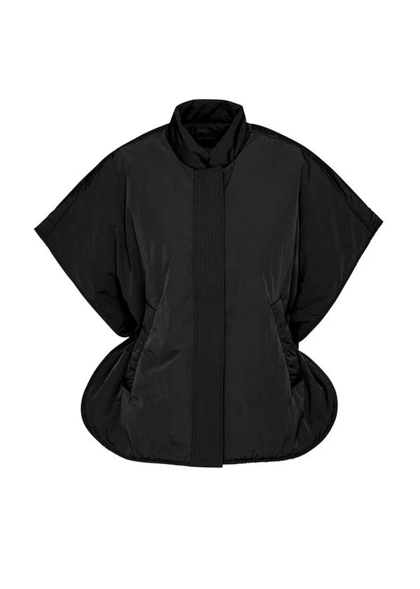 Black poncho-style jacket on a white background