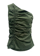 An olive green one-shoulder ruched top with a gathered, ruched bodice and a flared peplum hem, shown against a plain white background.