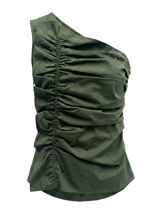 An olive green one-shoulder ruched top with a gathered, ruched bodice and a flared peplum hem, shown against a plain white background.