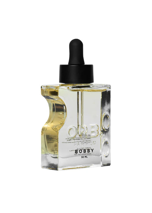 Bobby oil bottle with dropper on a white background