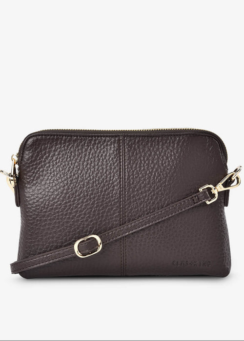 Brown leather crossbody bag with gold accents on a white background