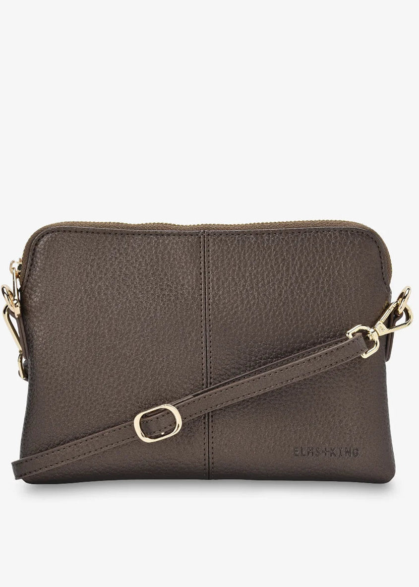 A dark brown pebbled leather crossbody bag with gold-tone hardware and a matching leather strap, shown against a plain white background.