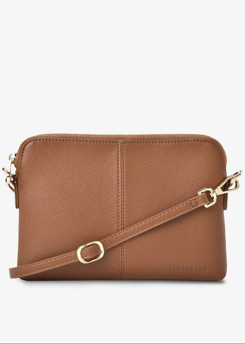 Brown leather crossbody bag with gold accents on a white background