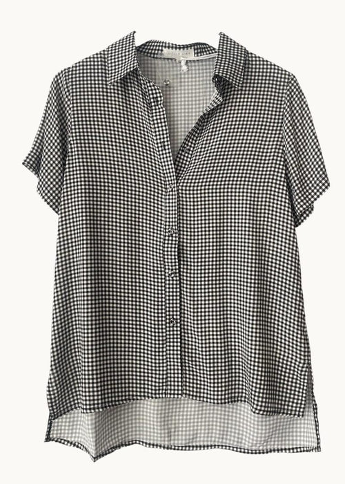 A short-sleeve button-up shirt with a black and white gingham check pattern, displayed on a hanger against a plain off-white background.