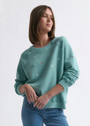 Woman wearing a teal sweater with small patterns on a white background