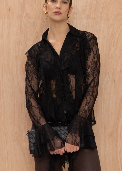 Woman wearing a black lace blouse against a wooden background