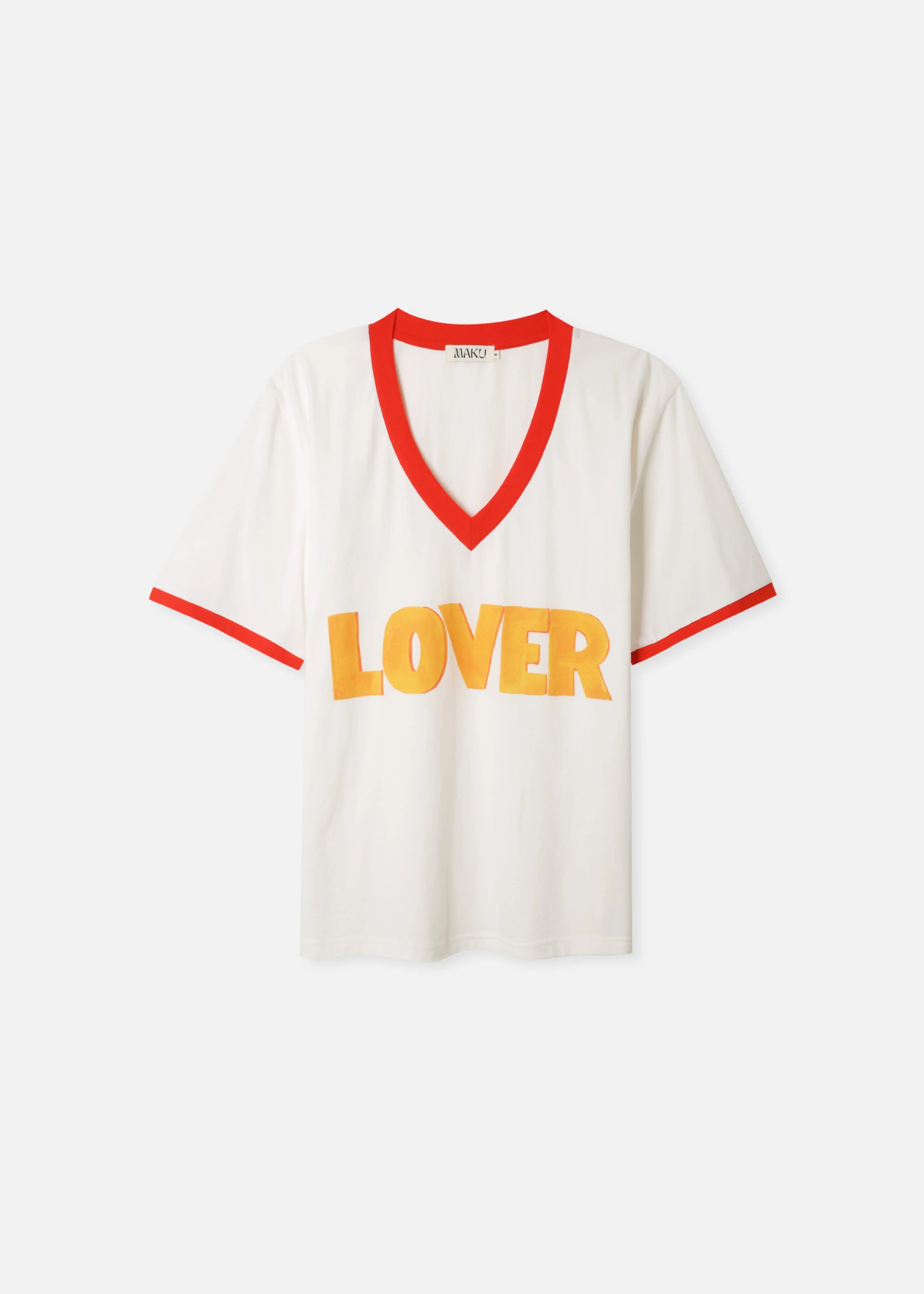 White t-shirt with red trim and 'LOVER' text in yellow on a white background