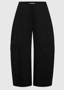 Black wide-leg cropped pants with large cargo pockets on the lower legs, shown against a light gray background.