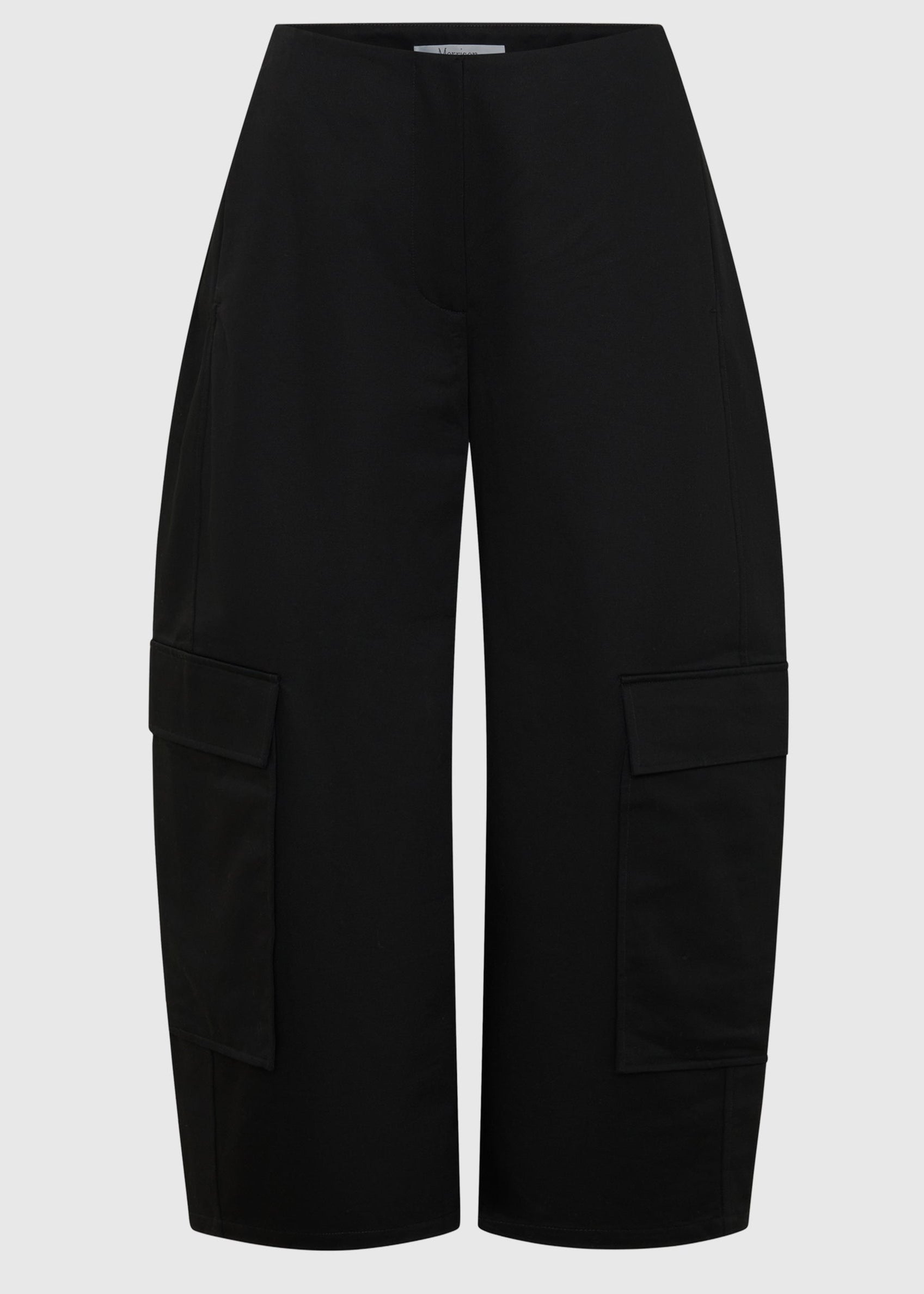 Black wide-leg cropped pants with large cargo pockets on the lower legs, shown against a light gray background.