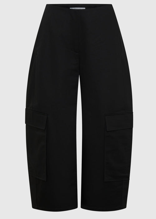 Black wide-leg cropped pants with large cargo pockets on the lower legs, shown against a light gray background.
