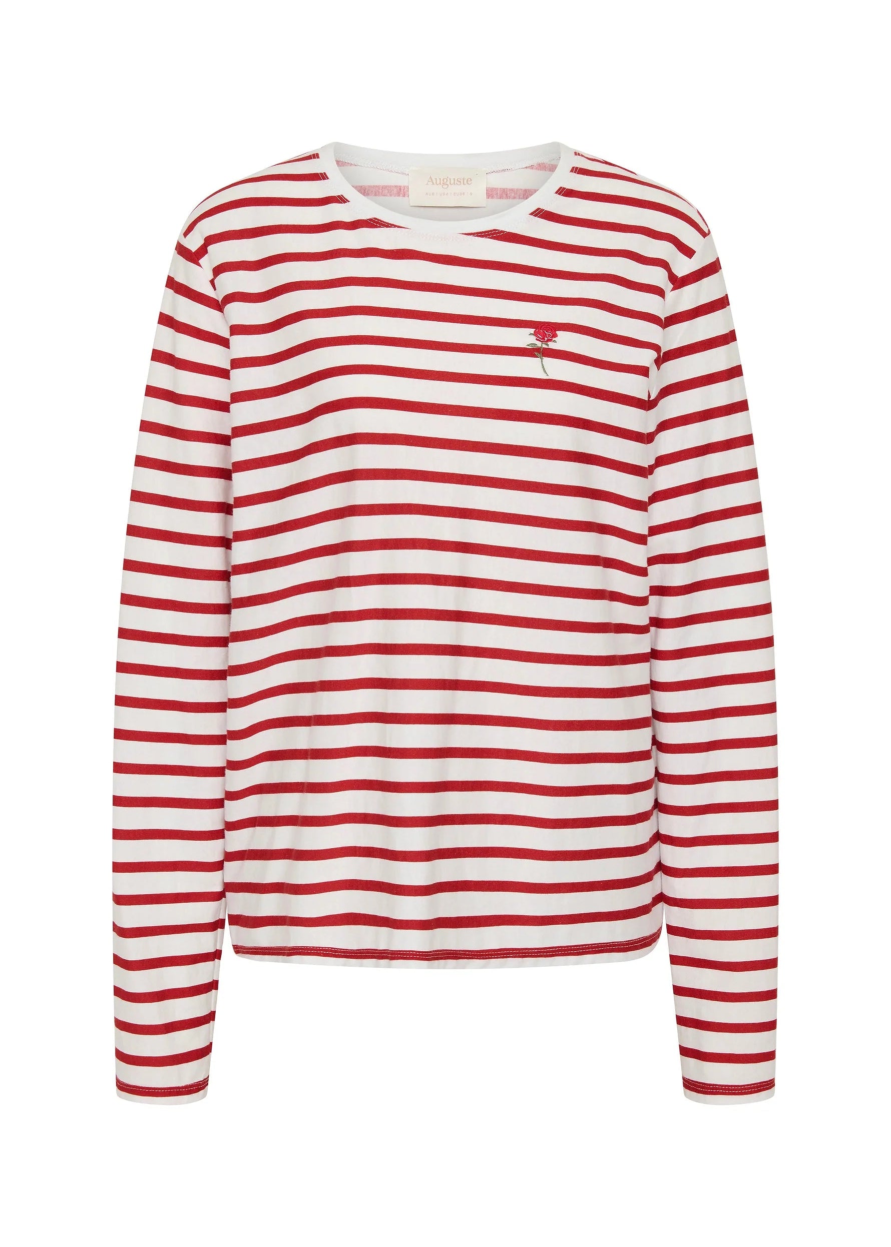 ed and white striped long-sleeve shirt on a white background