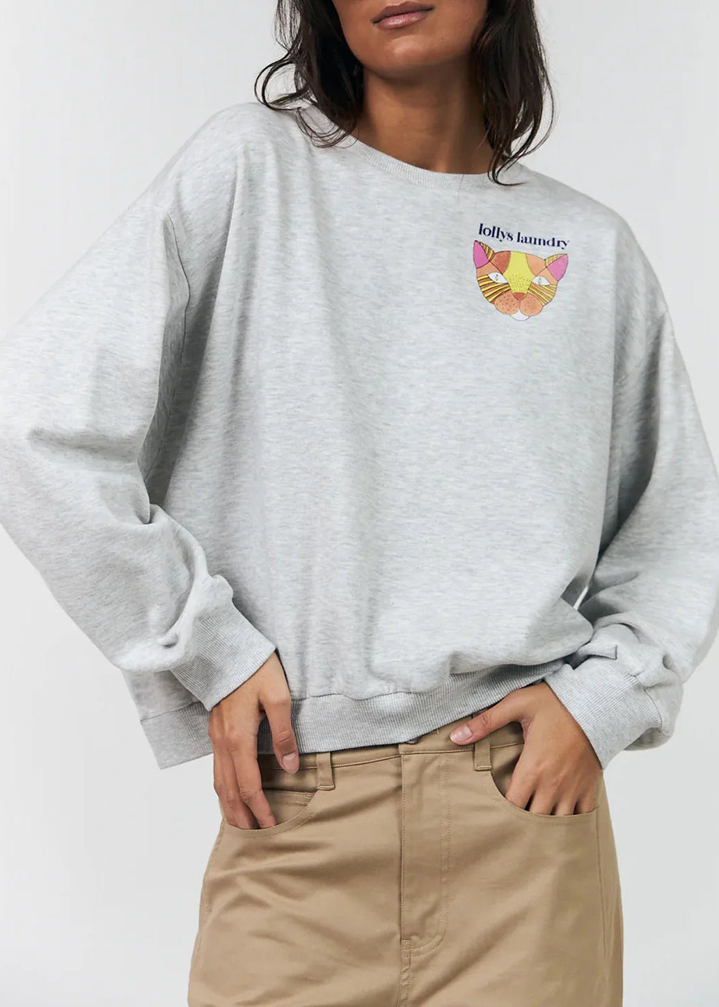 A model wearing a light grey heather crewneck sweatshirt with a colourful embroidered cat graphic and 'Jelly Jane' text on the left chest, paired with tan pants against a plain white background.