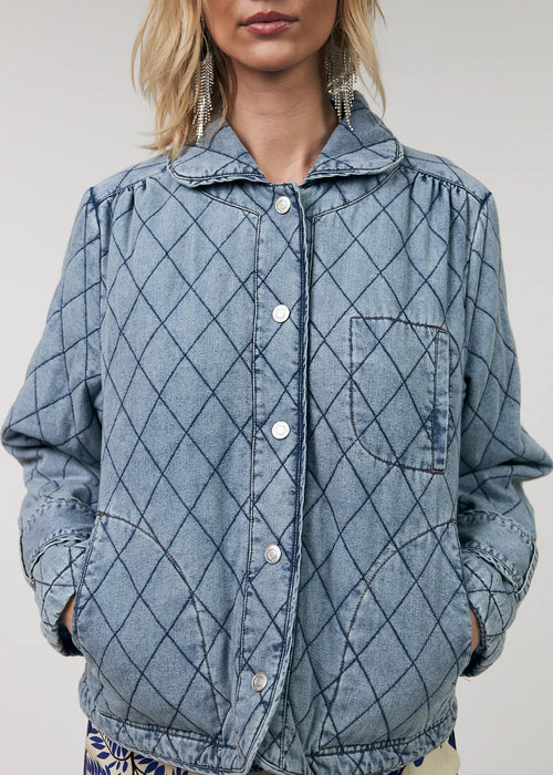 Person wearing a blue quilted jacket with a white background