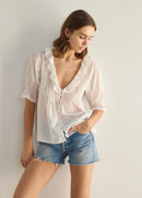 Woman wearing a light blouse and denim shorts against a plain background