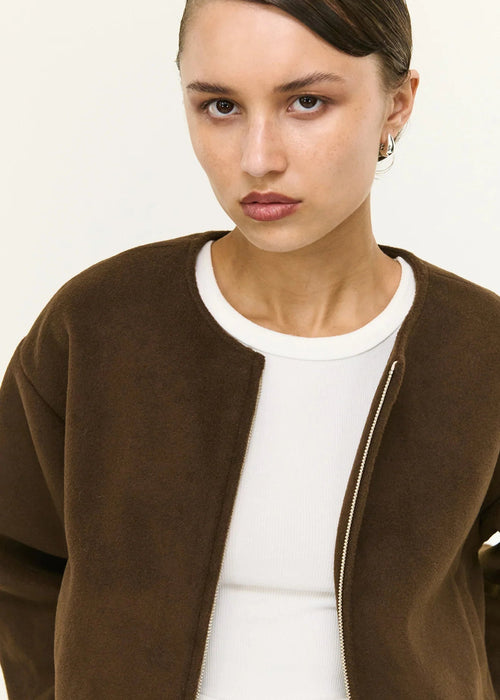 Women wearing a brown jacket, white shirt, blue jeans, and black shoes on a white background
