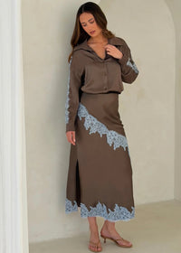 Amara Satin Lace Skirt - Chocolate