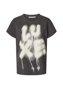 Black t-shirt with white graphic design on a white background