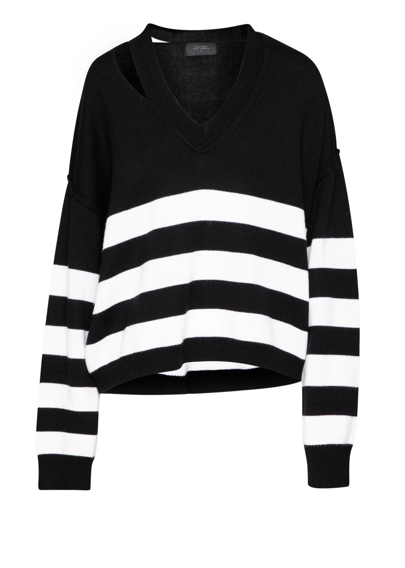 Merino Wool V-Neck Boxy Top Arran -  Black/Chalk