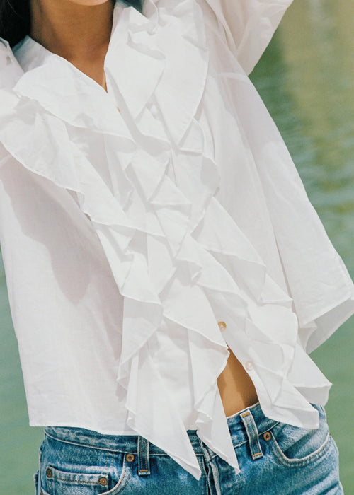 A close-up of a person wearing a white ruffled blouse with a V-neck and button front, paired with blue jeans, against a soft-focus outdoor background.