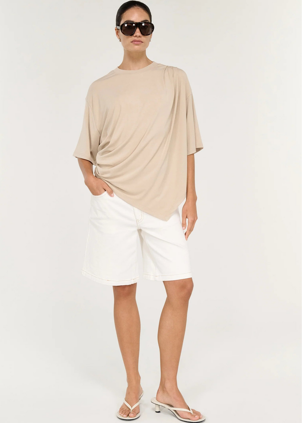 Zelle Draped Oversize Tee - Beige