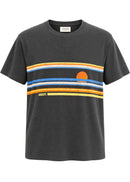 A dark gray crewneck t-shirt featuring a retro horizontal stripe pattern in orange, yellow, and blue across the chest, with a small orange sun graphic and the brand name 'Auguste' printed on the front.