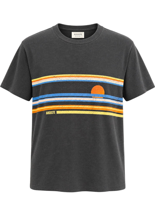 A dark gray crewneck t-shirt featuring a retro horizontal stripe pattern in orange, yellow, and blue across the chest, with a small orange sun graphic and the brand name 'Auguste' printed on the front.