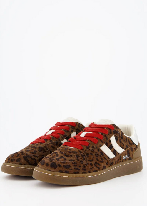 Leopard print sneakers with red laces and white accents on a white background
