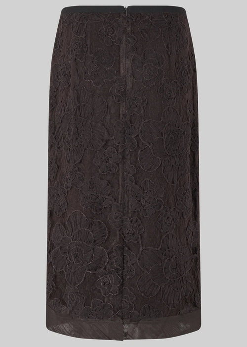 Black lace pencil skirt on a light gray background