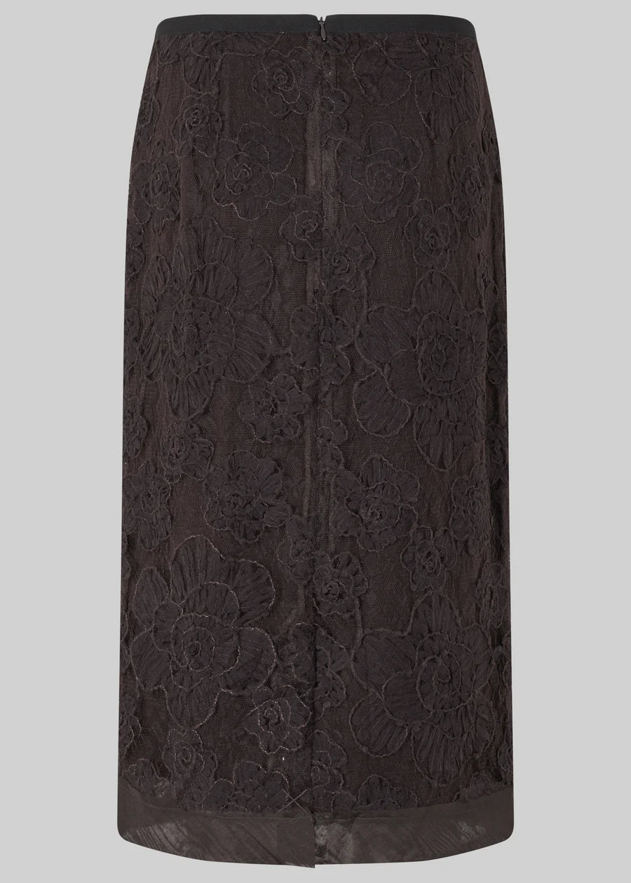 Black lace pencil skirt on a light gray background