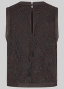 A sleeveless dark brown vest featuring a large-scale floral lace overlay and a central zipper closure, shown against a solid grey background.