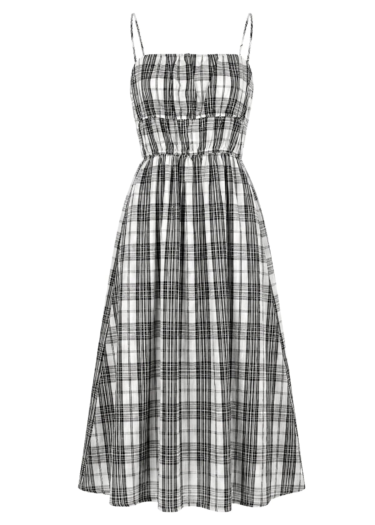 A sleeveless midi dress with thin shoulder straps, a smocked bodice, and a flared skirt in a black and white plaid pattern, shown against a plain white background.