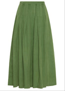An olive green pleated midi skirt with a gathered waistband, shown against a plain white background.