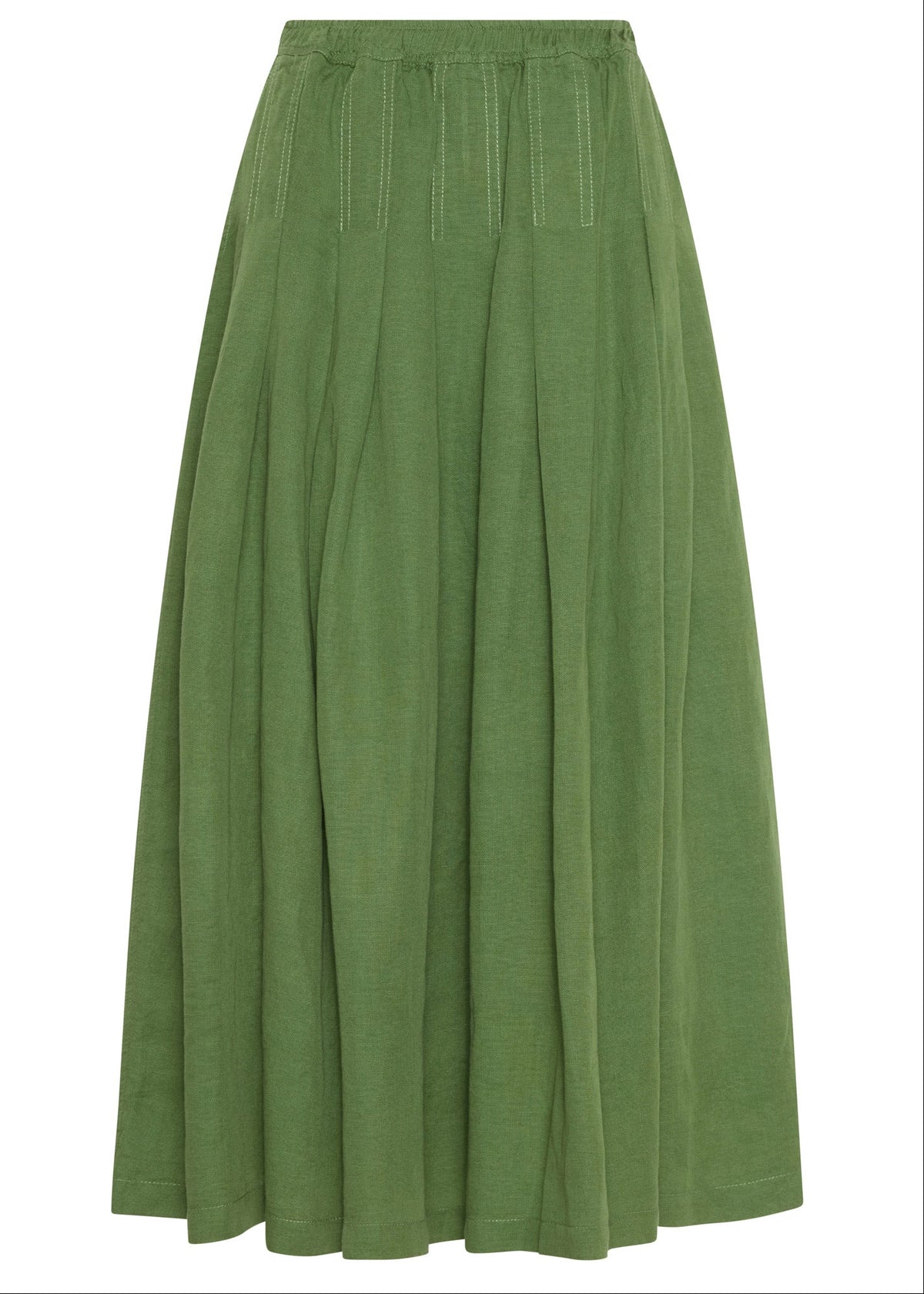 An olive green pleated midi skirt with a gathered waistband, shown against a plain white background.