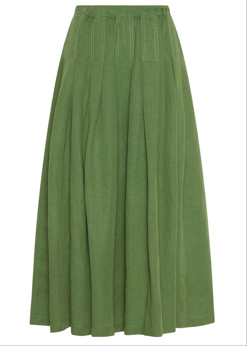 An olive green pleated midi skirt with a gathered waistband, shown against a plain white background.