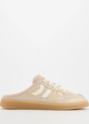 A low-top sneaker in a light beige and cream colorway with a gum sole, shown from the side against a plain white background.