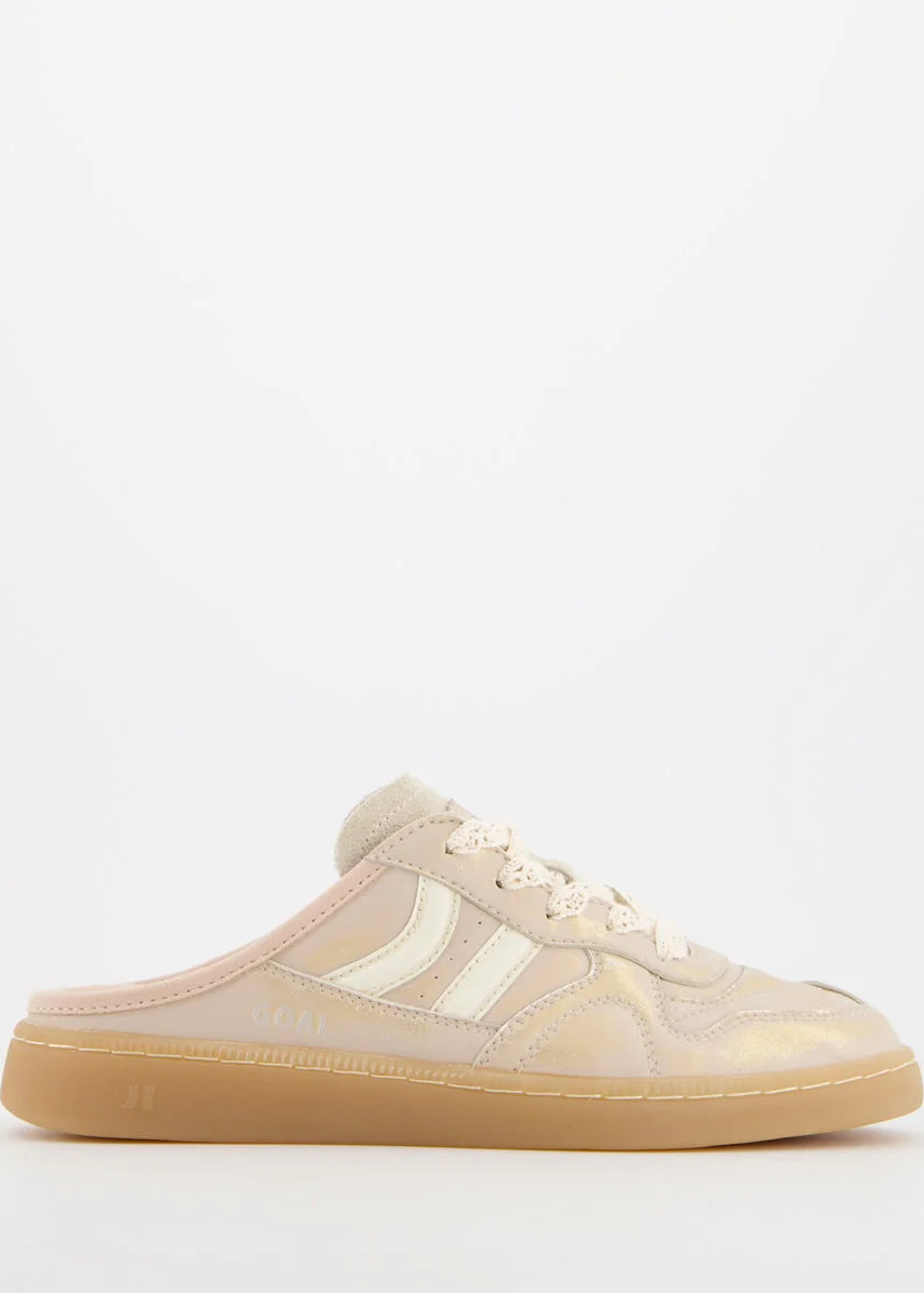 A low-top sneaker in a light beige and cream colorway with a gum sole, shown from the side against a plain white background.