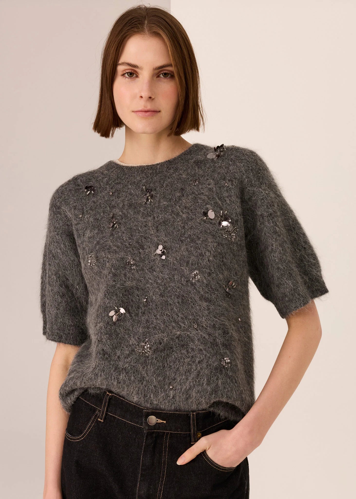 Haviland Beaded Knit Tee Charcoal