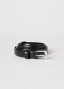 Black belt with silver buckle on a light grey background