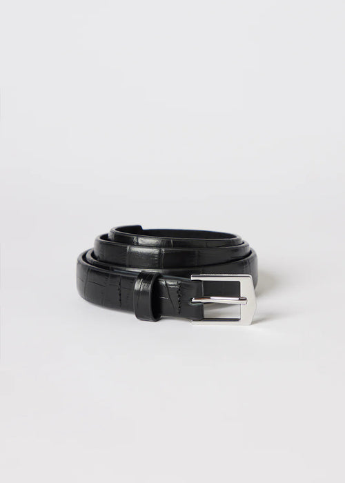 Black belt with silver buckle on a light grey background