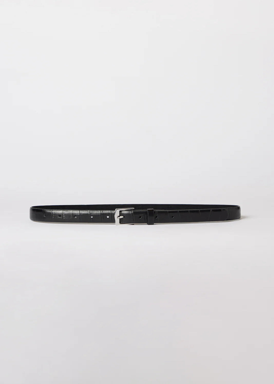 Black belt with silver buckle on a light grey background