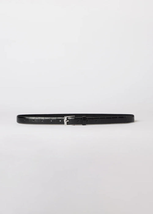 Black belt with silver buckle on a light grey background