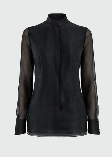 Black sheer blouse on a light gray background