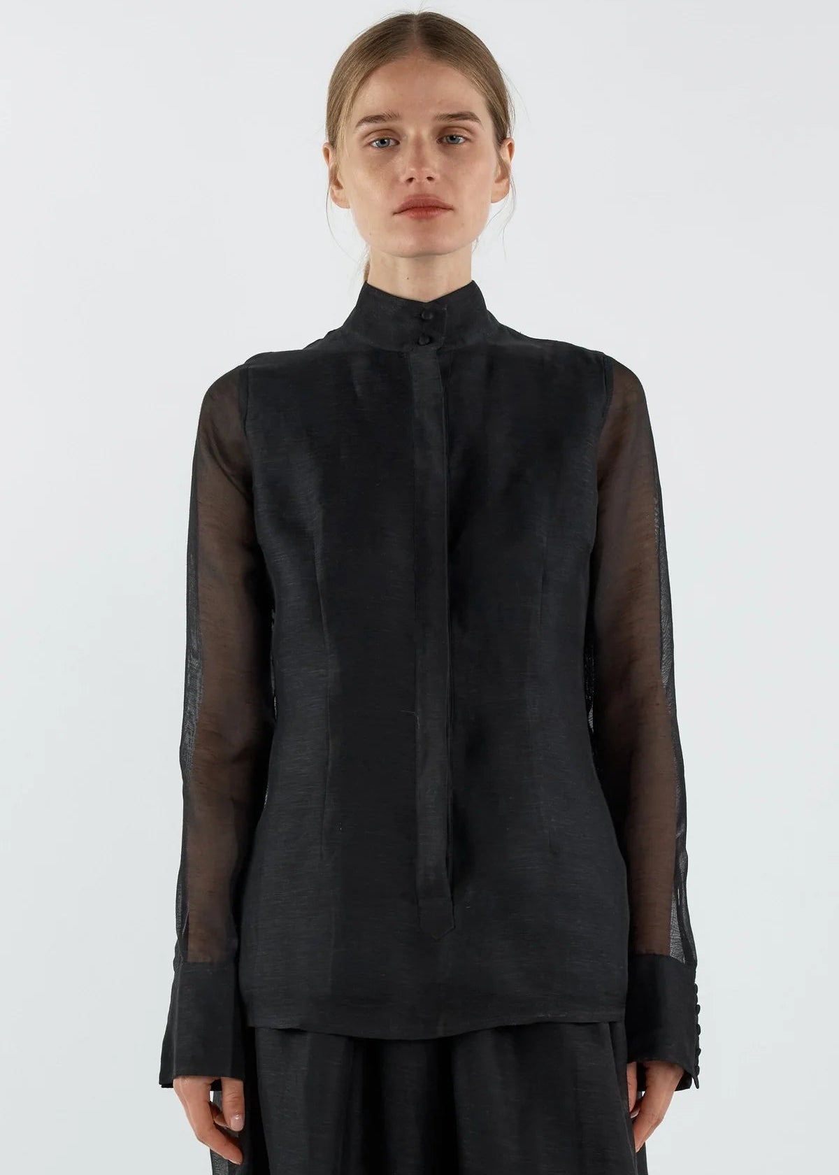 Person wearing a black blouse with sheer sleeves on a white background