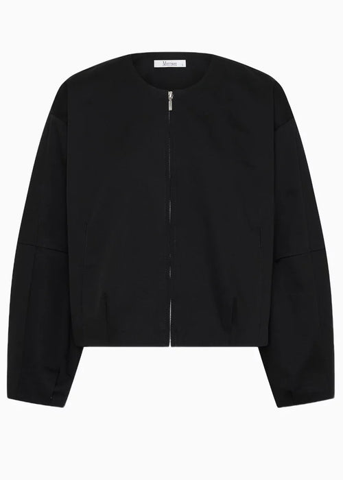 A black cropped zip-up jacket with long sleeves and a round neckline, shown flat against a plain white background.