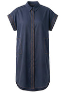 A navy blue short-sleeve button-up shirt dress with contrasting orange-brown stitching along the collar, sleeve cuffs, front placket, and patch pockets, shown against a plain white background.