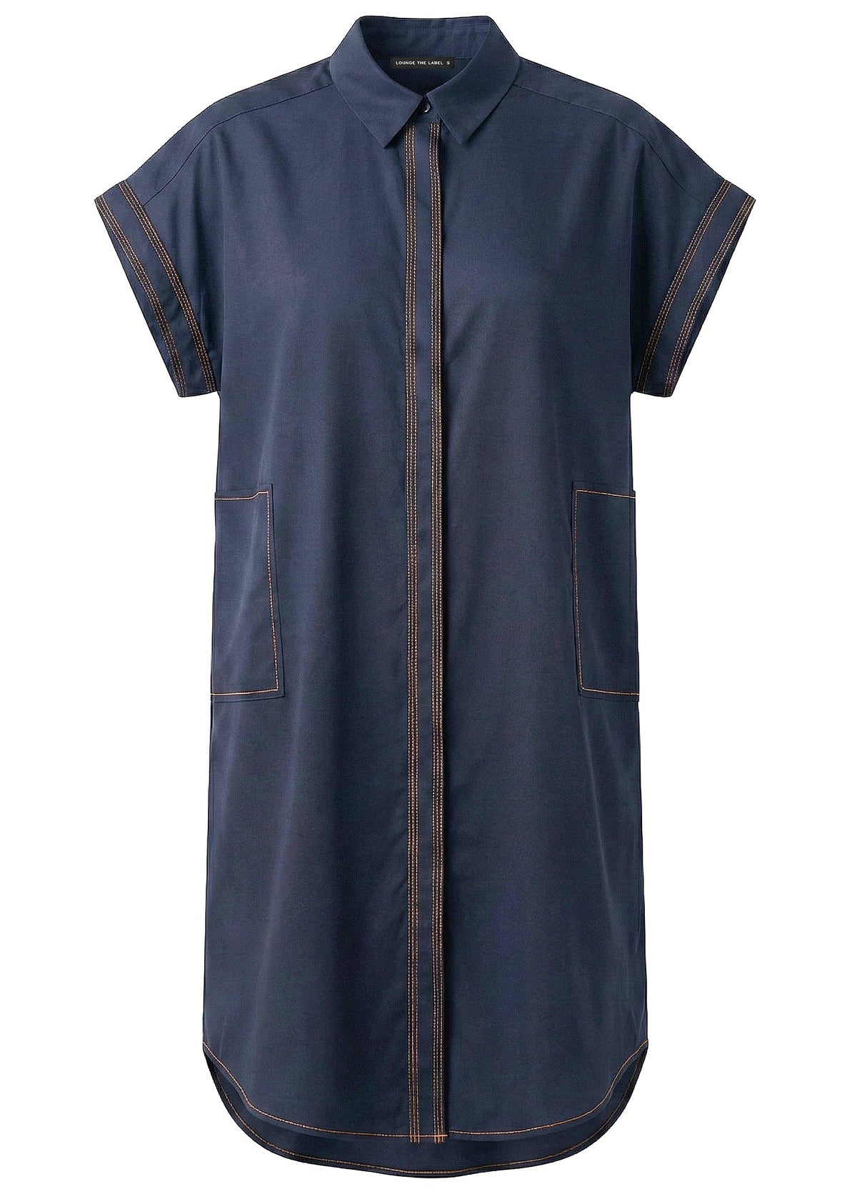 A navy blue short-sleeve button-up shirt dress with contrasting orange-brown stitching along the collar, sleeve cuffs, front placket, and patch pockets, shown against a plain white background.