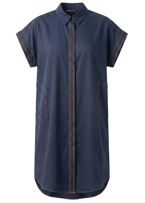 A navy blue short-sleeve button-up shirt dress with contrasting orange-brown stitching along the collar, sleeve cuffs, front placket, and patch pockets, shown against a plain white background.
