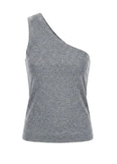 A heather gray one-shoulder tank top displayed on a ghost mannequin against a plain white background.