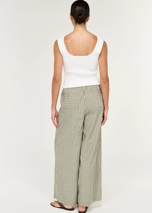 A model wearing a white sleeveless top, wide-leg striped trousers in beige and green, sunglasses, and holding a dark woven handbag against a plain white studio background.