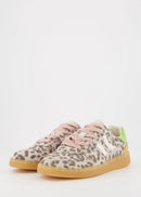 Leopard print sneaker with a green heel on a white background